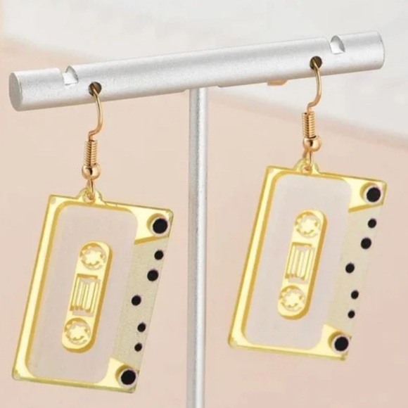 “Cassette Tape” Magnetic Mag Tape Retro Funky 70s 80s 90s Boombox Gold Earrings - Picture 1 of 5